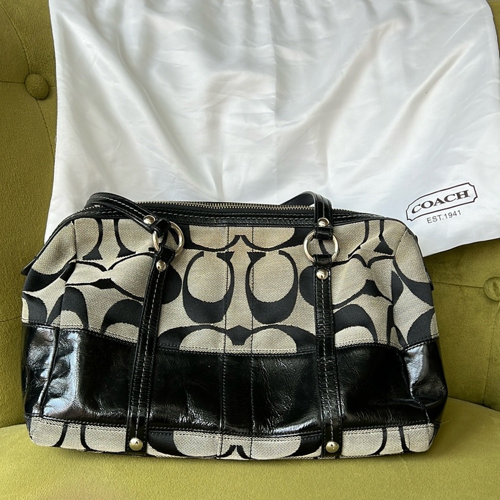 COACH Signature Stripe Black Patent Leather Canvas Logo Satchel Purse